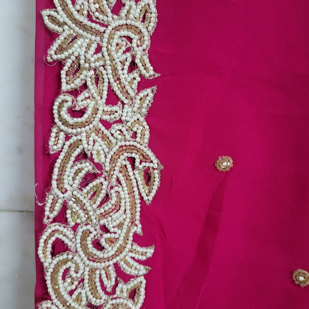 Hot Pink Saree with Pearls Work - Picture 11 of 14